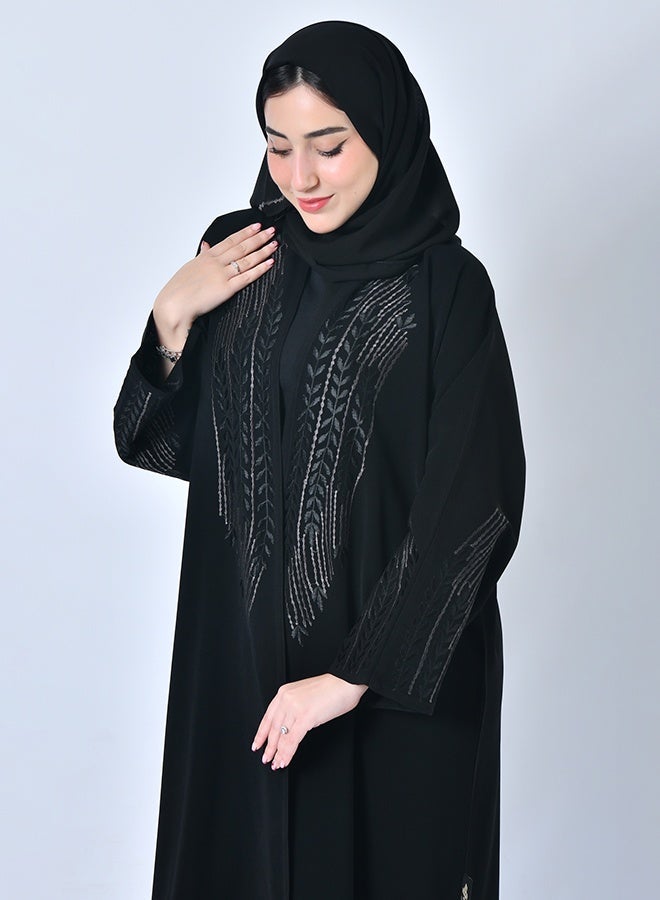 HAWRAA ABAYA Black wrap abaya with embroidery on both sides of the abaya and sleeves in black and dark grey - Image 1